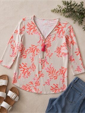 🧡Belle by Kim Gravel Primabelle Knit Ciao Bella Tassel Zip Coral Reef Print Sz M